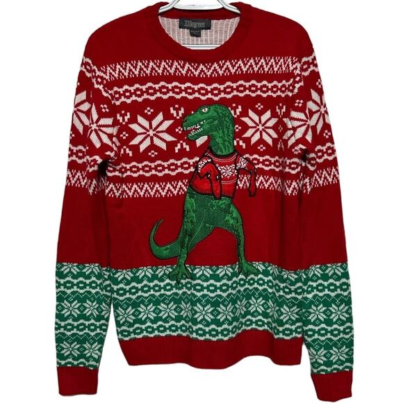 33 Degrees Men's Pullover Ugly Dinosaur Sweater Red‎ Green White Size L - Picture 1 of 5